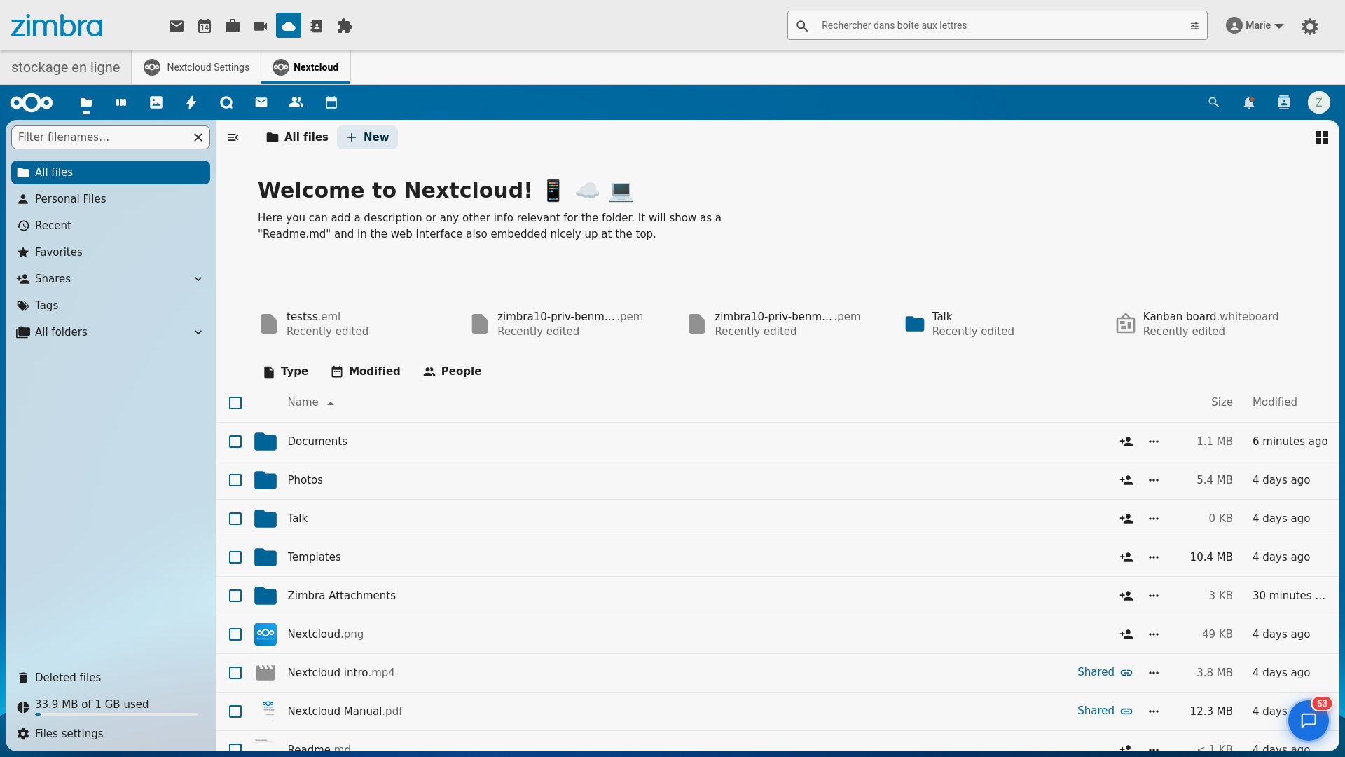 Explorateur de fichiers Nextcloud intégré dans Zimbra